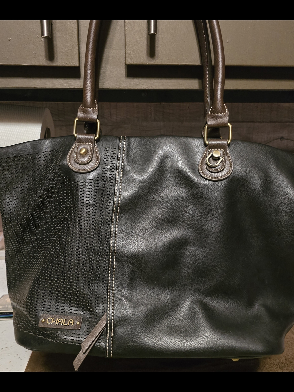 Chala Black Tote with Brown Trim and Gold Logo